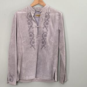 Rem Garson Suede Leather Top Embroidered Frog Closure Womens Small Gray Boho
